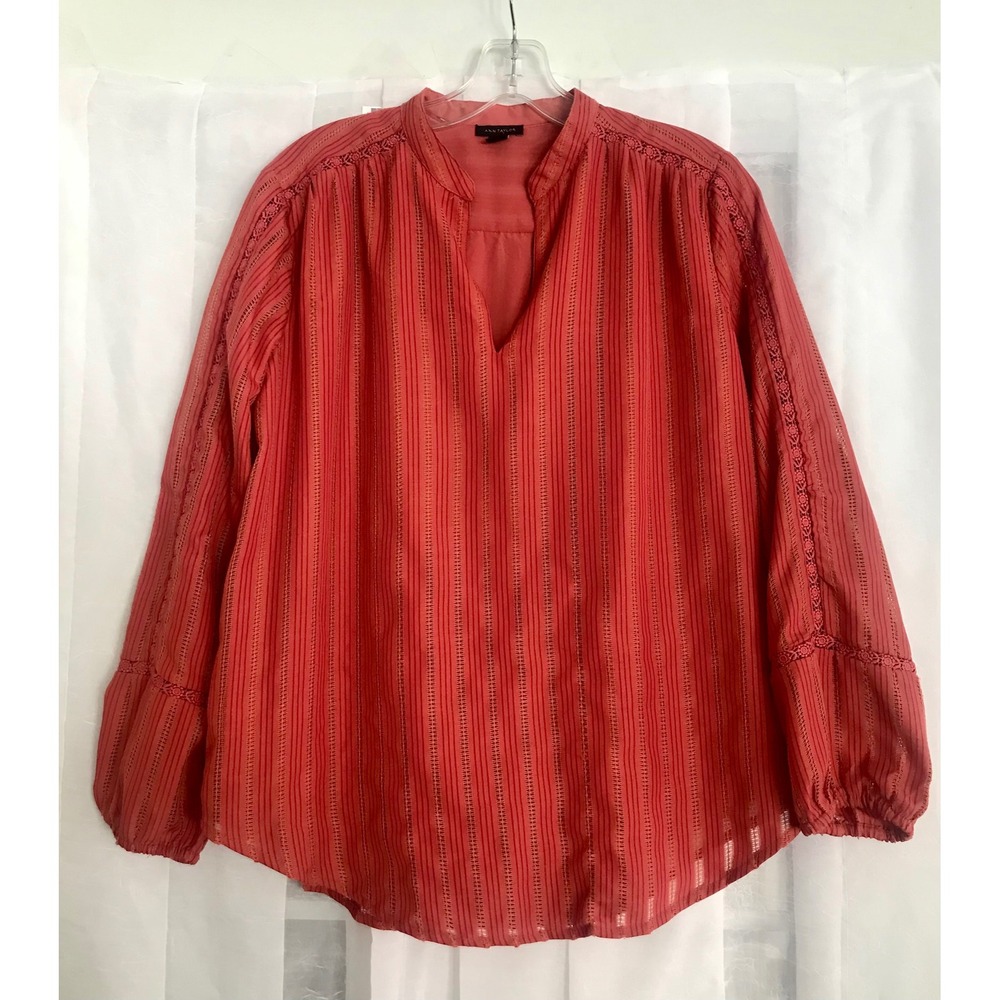 Ann Taylor Coral Red Striped Lace‎ Trim Split Neck Blouse Top Womens Small